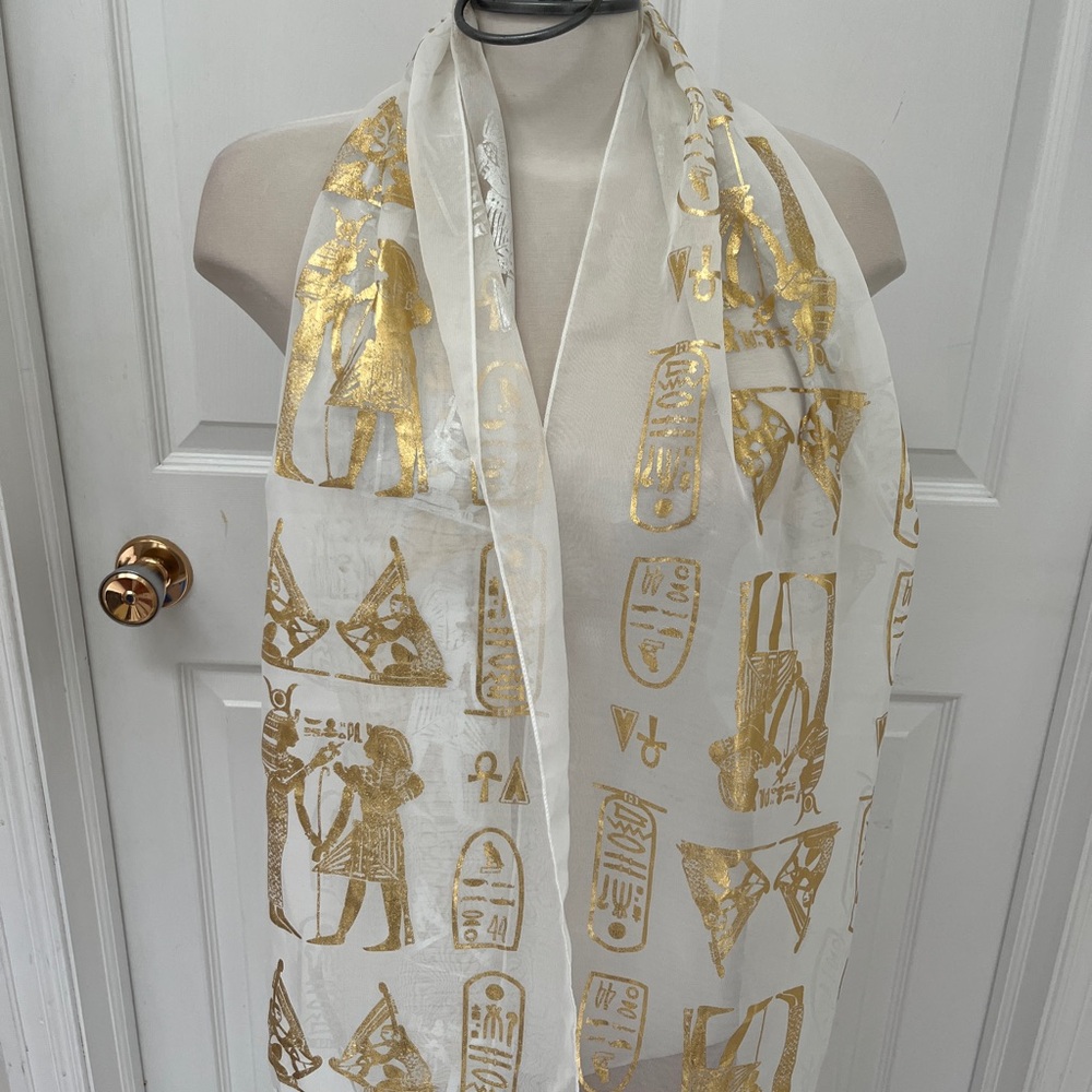 White and Gold Egyptian Print Scarf